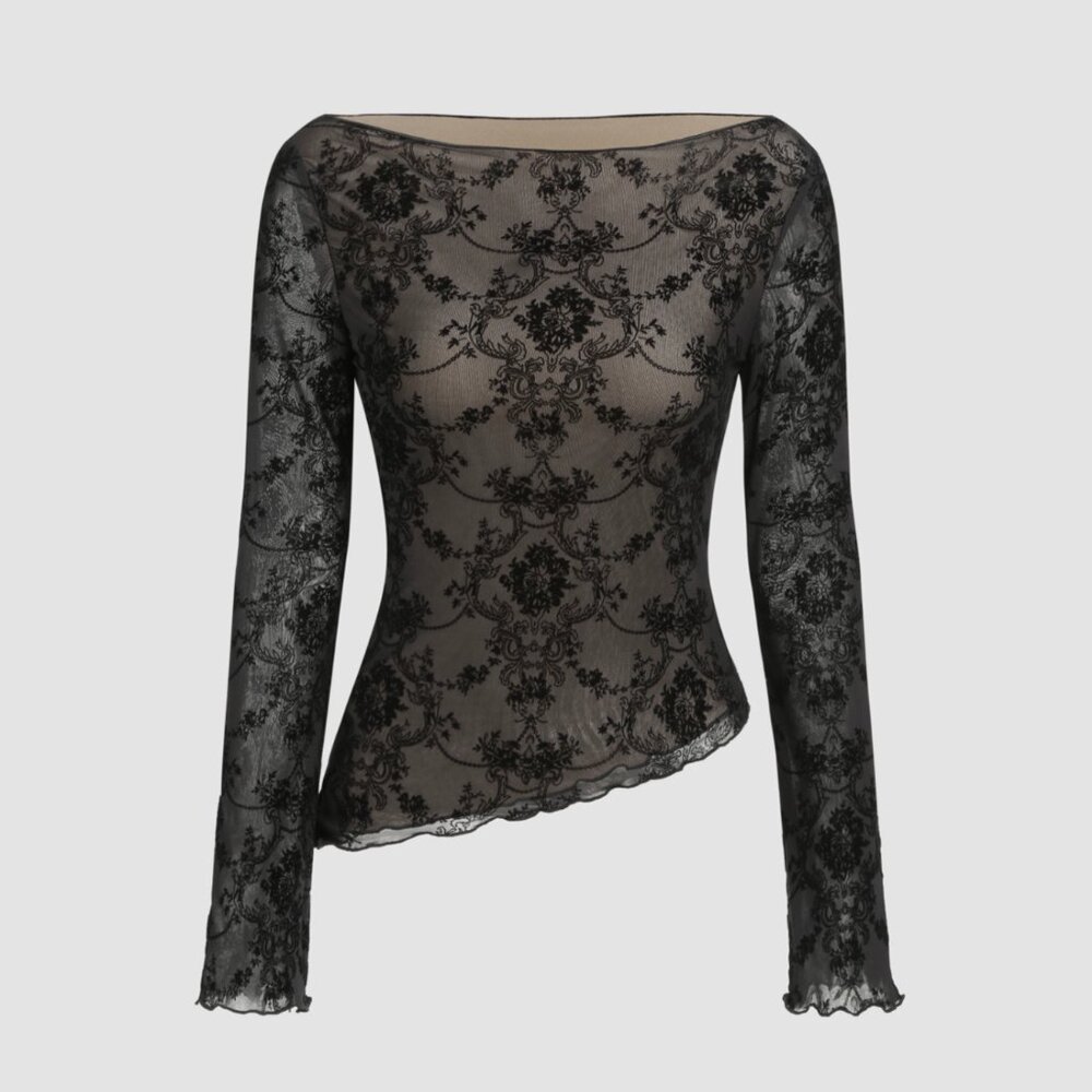 Sold out Black Elegant Lace Off-shoulder Floral Lace Long Sleeve Top - XS